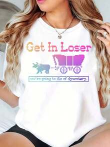 Women's Clothing. Women's T-Shirt With A Fun And Casual Print: "Come In, Loser, We're Going To Die Of Dysentery With A Covered Cart And An Ox," For Everyday Wear, Women's Shirts - 白色 - 查看 6