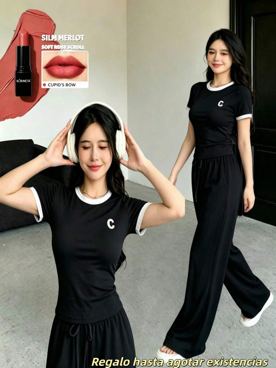Regalo hasta agotar existencias, Set de 2 piezas de camiseta de cuello redondo holgada con estampado de letras y pantalones con cordón para mujer - Negro - Ver 1