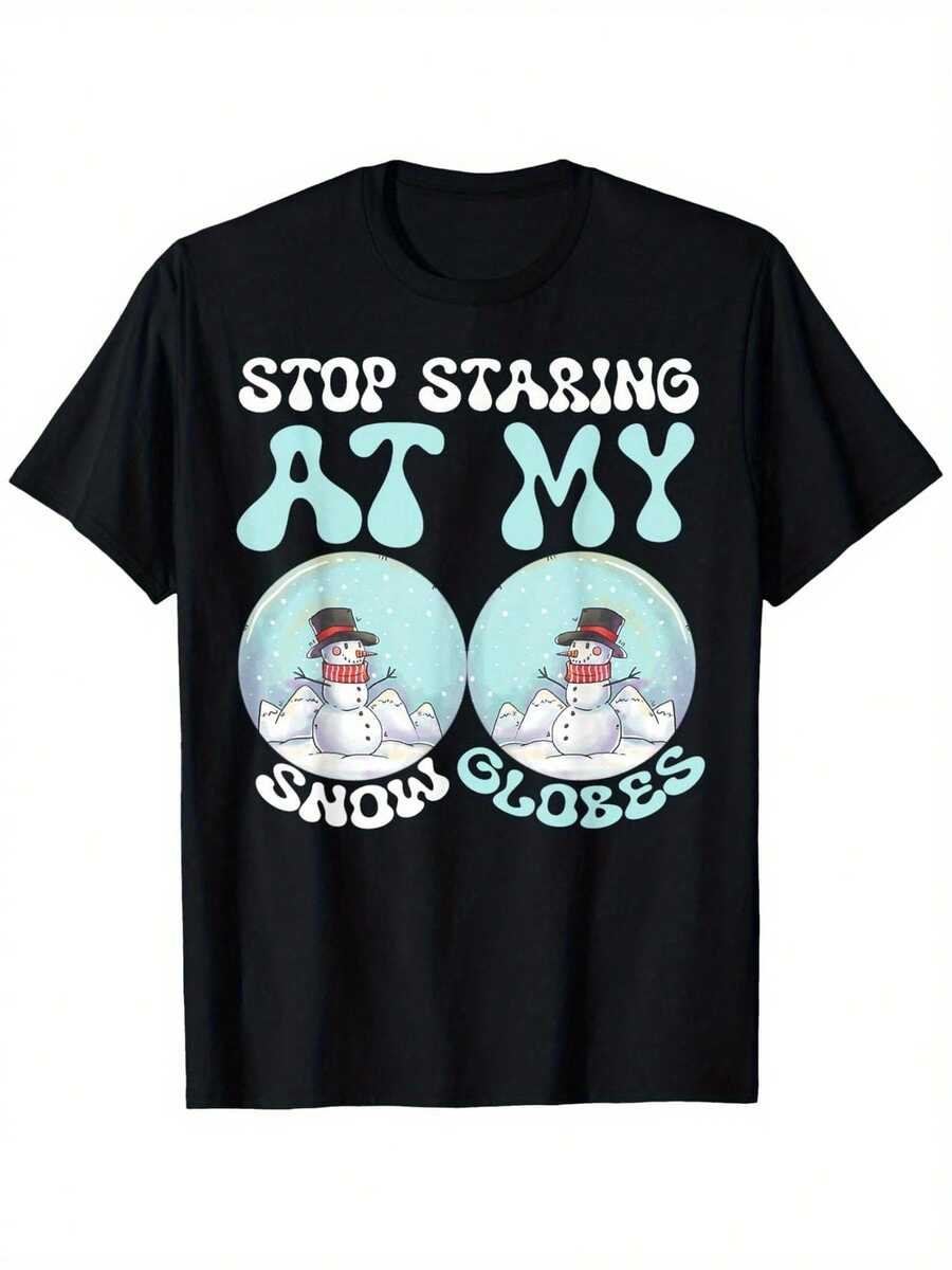 Funny Christmas T-Shirt "Stop Staring At My Snowballs", Black Short Sleeve With Funny Snowman Design, Perfect Gift For Couples And Families, Machine Washable, Christmas Gift Clothing | Funny Design T-Shirts | Machine Washable Tops - 黑色 - 查看 1