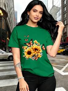 Plus Size Women's T-Shirt - Sunflower And Butterfly Print T-Shirt - Women's Fashionable Casual Summer Urban T-Shirt, Red Print, Round Neck And Short Sleeve, Suitable For Summer/Autumn Wear, Best Gift Idea For Thanksgiving, Christmas And New Year. - 綠色 - 查看 7