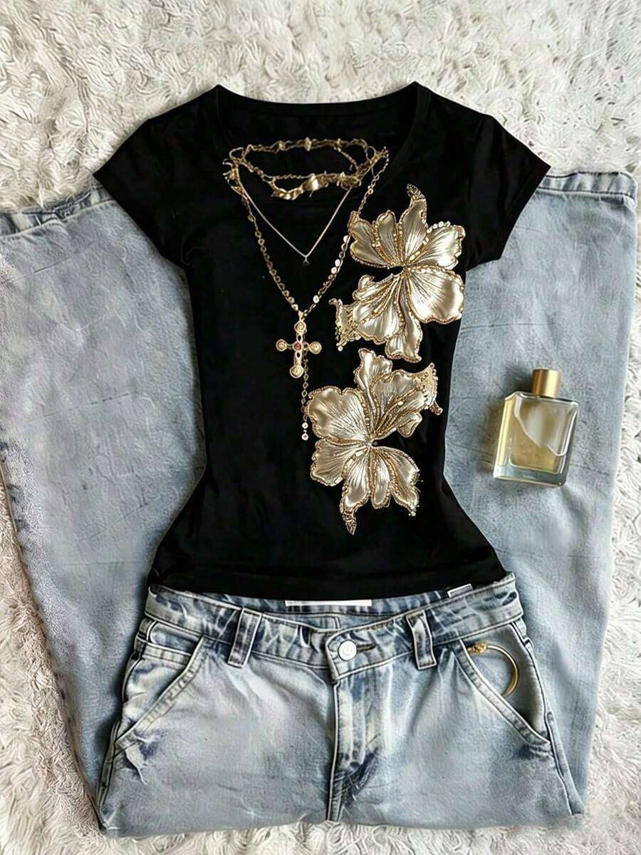 Camiseta de mujer de manga corta con cuello redondo y estampado floral - Multicolor 3 - Ver 1
