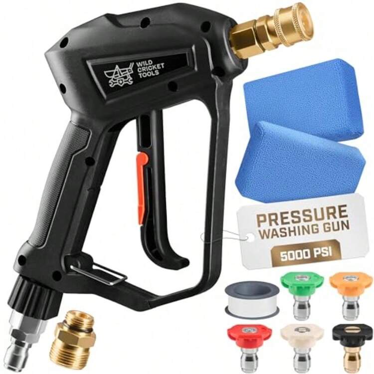 KOKK2O Pressure Washer Gun High-Performance Up To 5 000 PSI Car Wash Gun W/ 5 Nozzles For Stone Brick Metal Wood Glass Stubby Pressure Washer Handle W/ 2 Adapters 2 Sponges  Tape - 黑色的 - 查看 8