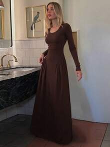 New Autumn Winter Collection Solid Color Dress French Style U-Neck Long Sleeve Dress With Ties Fitted Waist Elegant Sophisticated European Fashion For Women - 咖啡 - 查看 5