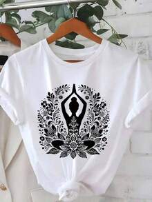 |   100% Algodón Puro y Transpirable | 1pc Camiseta de Manga Corta para Mujeres con Estampado de Mandala de Loto - Diseño Bohemio, Ajuste Cómodo y Transpirable, Cuello Redondo, Top Casual de Yoga, Lavable a Máquina, Ropa para Todas las Estaciones, Top Unisex para Verano-Vintage Street Style Unisexoose Cotton Short Sleeve Crew Neck T-Shirt - Blanco - Ver 1