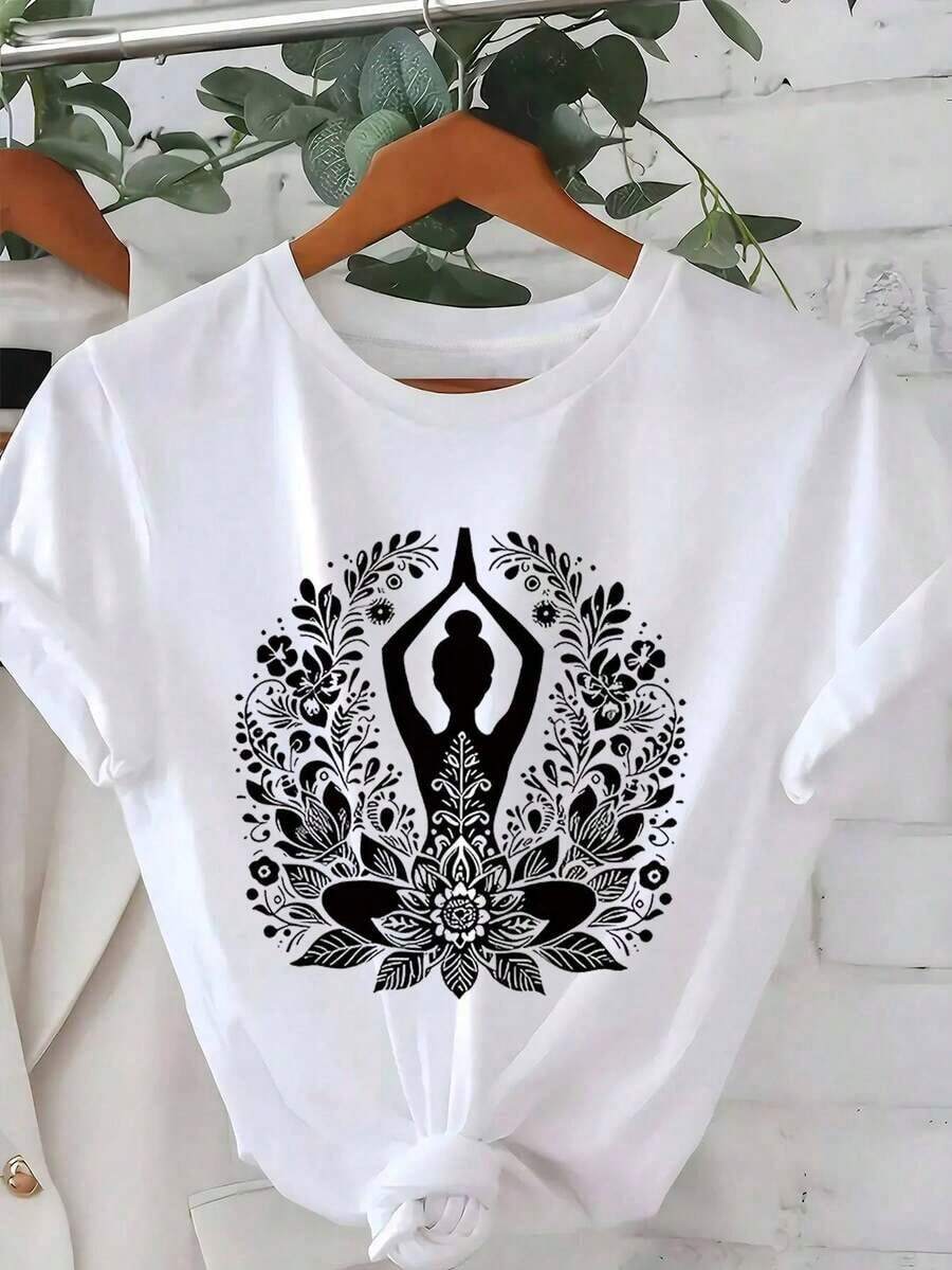 | 100% Algodón Puro y Transpirable | 1pc Camiseta de Manga Corta para Mujeres con Estampado de Mandala de Loto - Diseño Bohemio, Ajuste Cómodo y Transpirable, Cuello Redondo, Top Casual de Yoga, Lavable a Máquina, Ropa para Todas las Estaciones, Top Unisex para Verano-Vintage Street Style Unisexoose Cotton Short Sleeve Crew Neck T-Shirt - Blanco - Ver 1