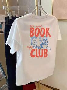 TeeWomen Anti-Social Book Club T-Shirt - Book-Themed Print On The Front And Back, Short Sleeves, Crew Neck, Bohemian Style, Suitable For Weekend Dates, Dinners, And Travel - Casual Outfit For Book Lovers For Weekend Outings And Literary Events, 4th Of July Outfits For Women, World Cup Match Day, Soft And Lightweight T-Shirt, Easy To Match With Any Outfit. Short-Sleeve Tee / 100% Cotton - 白色 - 查看 2