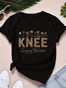 Camiseta Deportiva de Manga Corta para Mujer Talla Grande TeeFloral Knee Surgery Warrior / Camiseta de manga corta 100% Algodón - Negro - Ver 6