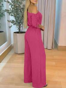 ChicMe Damen Jumpsuit mit schrägem Ausschnitt, Kordelzug an den Ärmeln, elastischem Bund, lockerem weitem Bein, lässig elegant, geeignet für Alltag, Büro, Party, Sommer - Heißes Pink - Übersicht 2
