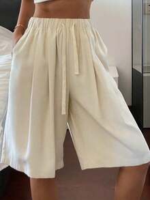 Pantalones rectos sueltos de unicolor con cintura elástica y cordón, informales de lino para el verano - Albaricoque - Ver 4