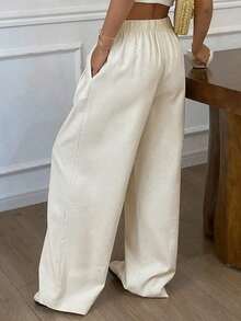 Pantalones rectos sueltos de unicolor con cintura elástica y cordón, informales de lino para el verano - Gris - Ver 7