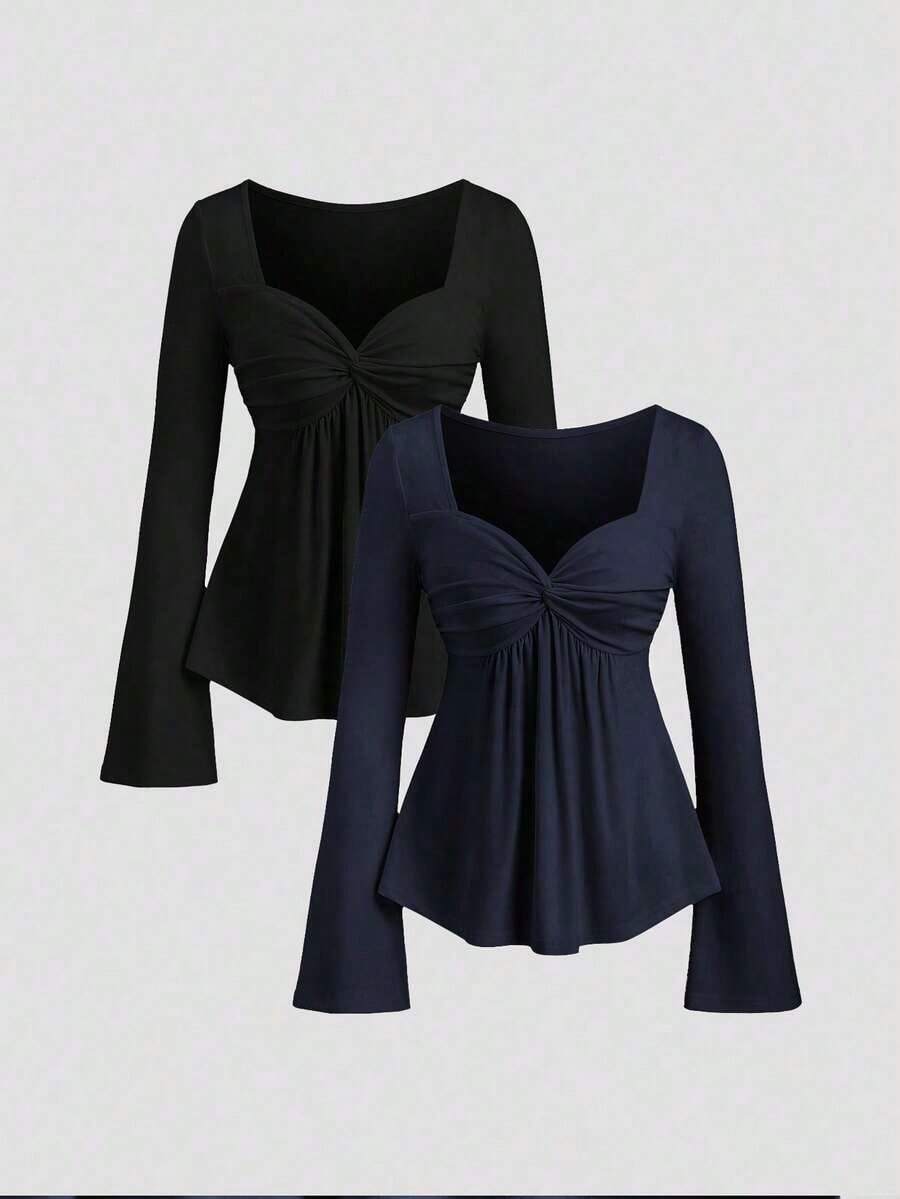 2 piezas Conjunto de camisetas de manga larga versátiles, elegantes y cómodas para mujer - Multicolor 6 - Ver 1