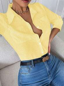 Blusa blanca de manga larga con bolsillo y ajuste ceñido para mujer - Mostaza Amarilla - Ver 5