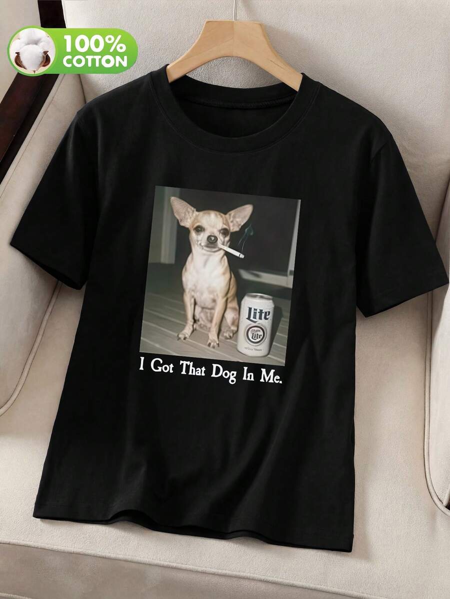 Women's Everyday Chihuahua Dog Fun Text Print Round Neck Short Sleeve Casual Spring Summer Autumn Women's T-Shirt - Black - View 1