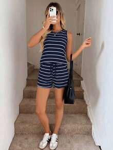 Conjunto de top y pantalones cortos a rayas deportivos y casuales de primavera/verano para mujer, moda y comodidad con elasticidad - Azul marino - Ver 4