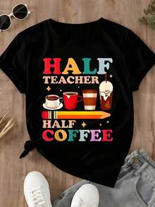 Camiseta Divertida para Maestros y Amantes del Café: "Mitad Maestro, Mitad Café" - Negro - Ver 2