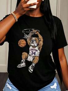 Camiseta Personalizada con Diseño Gráfico de Bulldog de Baloncesto para Mujer, Unisex, Estilo Casual Urbano, con Diseño Deportivo de Perro, Perfecta para Uso Diario y Eventos de Fans - Negro - Ver 1