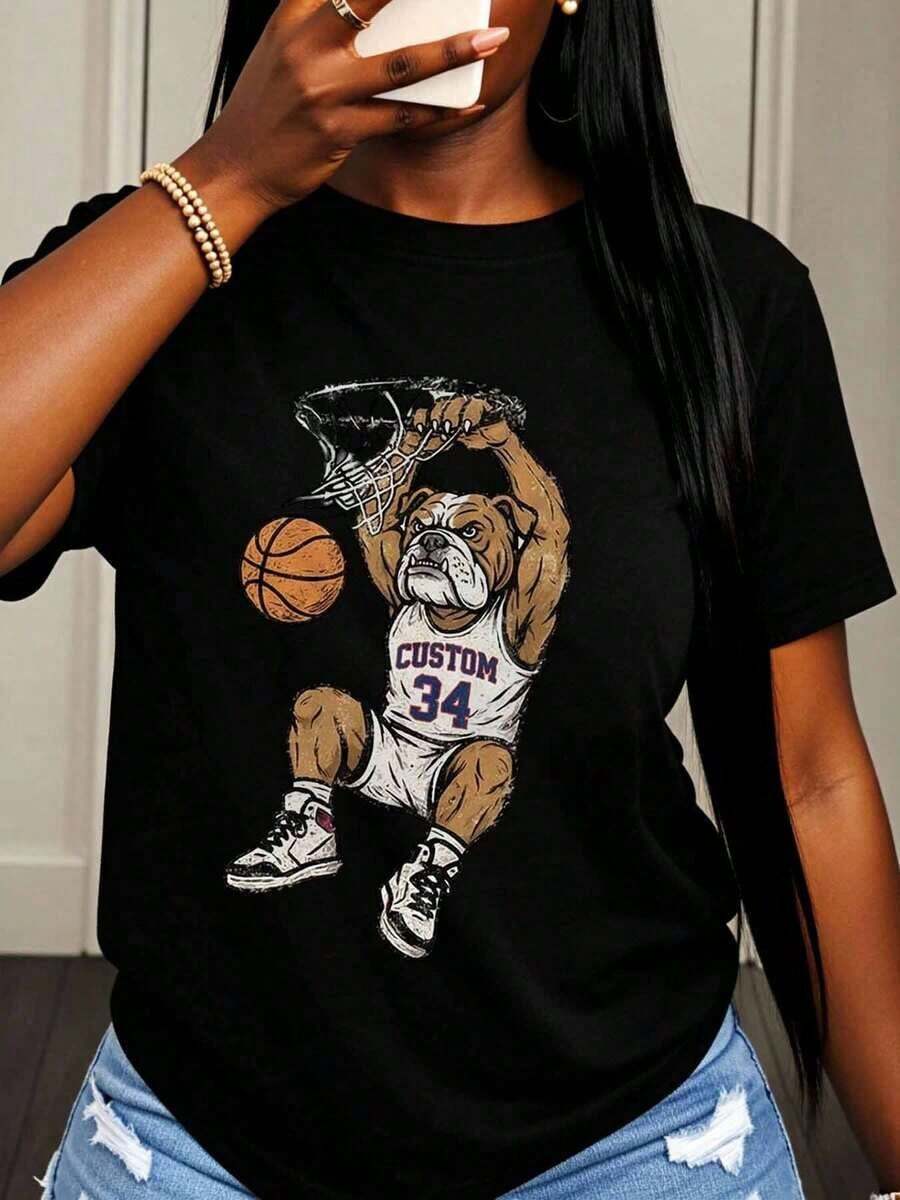 Camiseta Personalizada con Diseño Gráfico de Bulldog de Baloncesto para Mujer, Unisex, Estilo Casual Urbano, con Diseño Deportivo de Perro, Perfecta para Uso Diario y Eventos de Fans - Negro - Ver 1