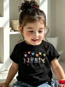 Disney Zootopia Girls' Short Sleeve T-Shirt, Featuring Judy Hopps, Nick Wilde, Chief Bogo, Clawhauser, Bellwether And Finnick Holding Colorful Mickey-Shaped Balloons, With Character Name Signatures Below, Perfect For Disney Park Trips, Casual Outings, School Days And Daily Wear, Made Of Soft Breathable Cotton Fabric, Shipped From UK Local Warehouse For Quick Delivery, Kids' Cute Themed Top For Little Girls. - màu đen - Xem 3