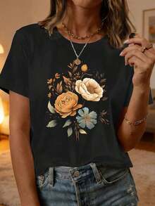 Women's Casual Crew Neck T-Shirt, Sizes S-5XL, Wildflower Botanical Print, Short Sleeve, Versatile For Travel, Vacation And Everyday Wear, Various Colors Available - 黑色 - 查看 7