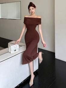Vestido de hombros abiertos de unicolor, vestido de fiesta elegante para cumpleaños, Año Nuevo, baile de graduación, vestido de cóctel de hombros descubiertos de largo maxi - Marrón - Ver 2