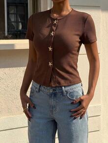 Muchic Holiday Summer Vacation Starfish Button White Knit T-Shirt - Marrón Chocolate - Ver 4