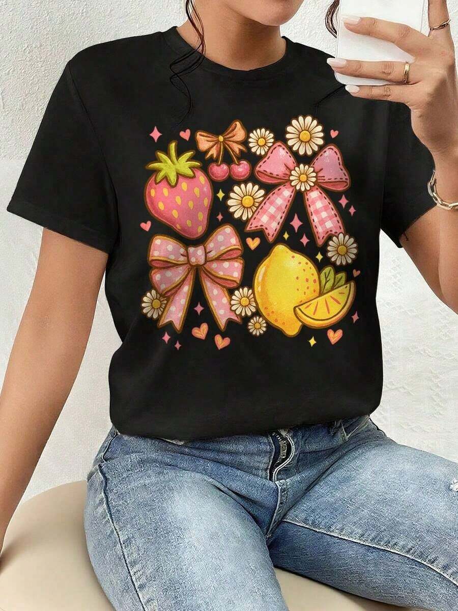 And  Women's T-Shirt, Cute Aesthetic Graphic Tee - With Bow And Fruit, Lemon And Ribbon Design, Slogan "When Life Gives You Lemons, Make Lemonade", For Teens In Summer Men's T-Shirt Tops Sweatshirts For Women Y2k T-Shirt Shirt - 黑色 - 查看 1