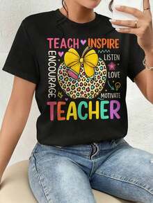 And  Women's T-Shirt, Inspirational Teacher Graphic Tee - Teacher's Day Gift, Apple With Bow Image, High Quality Print, Crew Neck, Loose Fit, For Men And Women, Breathable, Versatile, Machine Washable, Comfortable, Sizes S To 3XL, Ideal For Summer Men's T-Shirt Women's Tops Sweatshirts Y2k T-Shirt Shirt - 黑色 - 查看 1