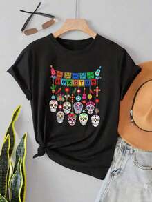 And : Unisex Graphic T-Shirt With Day Of The Dead Skulls, Casual And Stylish. Made From 100% Cotton, It's Comfortable, Soft, And Breathable, Suitable For Everyday Casual Wear And As A Gift. Men's T-Shirt, Tops, Women's Sweatshirts, Y2k T-Shirt Shirt - 黑色 - 查看 2