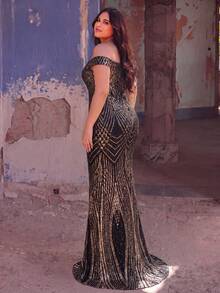 Plus Size Women's Gold Accent Mermaid Evening Gown, Suitable For Formal Parties, Charity Events, Weddings And Other Elegant Celebrations Party - Black - View 2