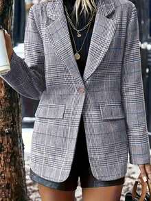 大尺碼女款優雅時尚西裝外套，復古格紋，通勤休閒雙用途長袖格紋夾克，大尺碼女款格紋西裝外套 - 淺灰藍條 - 查看 3