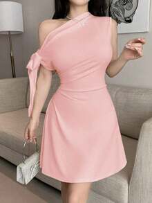 Vestido corto asimétrico con nudo en la cintura para mujer - Albaricoque - Ver 8