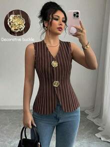 Blusa exterior con cuello en V ajustada con decoración de botones dorados con rosas - Multicolor - Ver 1