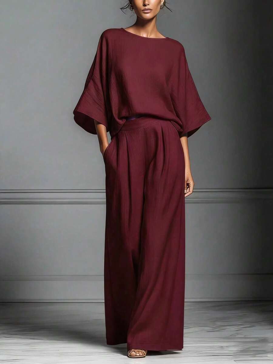Conjunto de lino con mangas campana, estilo elegante y moderno, nueva colección primavera-verano 2026 para mujer - Burdeos - Ver 1