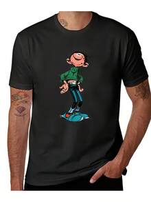 Herrklassisk vintage-T-shirt - Retro bomulls-T-shirt med franskinspirerat tryck, avslappnad rund halsringning, maskintvättbar för vardagsbruk och temakläder. Ledig och bekväm. - Svart - Visa 6