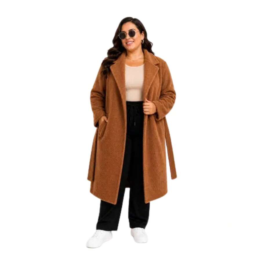 Plus Size Long Wool Overcoat With Belt Sbtpl-009 - Camel - View 1