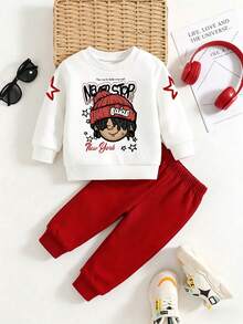 Baby Boy Cartoon Print Crew Neck Long Sleeve Warm Sweatshirt And Pants Set - White - View 1