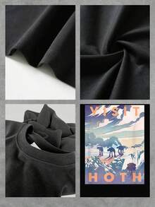 Estampa que muestra un paisaje helado con montañas nevadas y máquinas caminando bajo un cielo colorido evocando aventura y ciencia ficción camiseta de mujer  suave y cómoda ideal para uso diario y viajes casuales - Negro - Ver 4