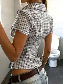 Camisa ajustada de mujer con cuello polo y manga corta - Blanco y Negro - Ver 2