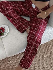 Pantalones de estar por casa rectos de cintura elástica con estampado de cuadros para mujer, para invierno - Burdeos - Ver 6