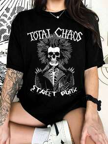 Total Chaos Street Punk Skeleton T-Shirt, Grunge Aesthetic Tee, Alternative Top For Fans - Black - View 6