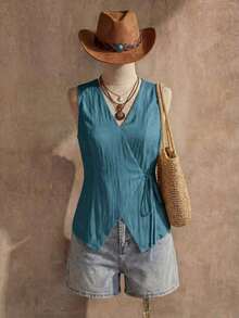 Chaleco estilo BOHO casual de estilo campestre estadounidense en color crema amarillento, con tirantes delgados, adecuado para maestras, oficina, viajes, con aspecto vintage.Blusa de verano para mujer en color amarillo claro, top de verano para mujer, top con lazo amarillo, top envolvente amarillo, top cruzado para mujer, top de verano para mujer de estilo occidental, para maestras de campo - Agua verde azul - Ver 2