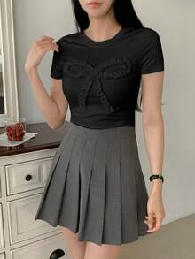 Camiseta casual de verano para mujer con volantes y decorativa con lazo, crop tops para mujer, camisetas gráficas - Negro 2 - Ver 5
