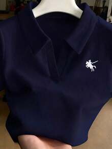 Camiseta de manga corta ajustada con cuello bordado para mujer - Azul marino - Ver 7
