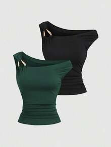 Set de 2 camisetas ajustadas con cuello asimétrico, versátil top casual, primavera/verano - Multicolor 6 - Ver 1