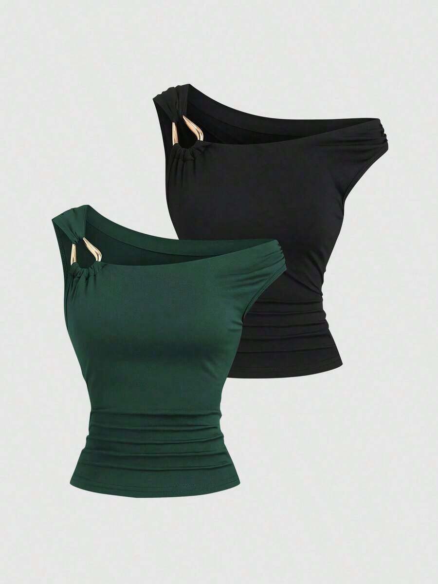 Set de 2 camisetas ajustadas con cuello asimétrico, versátil top casual, primavera/verano - Multicolor 6 - Ver 1