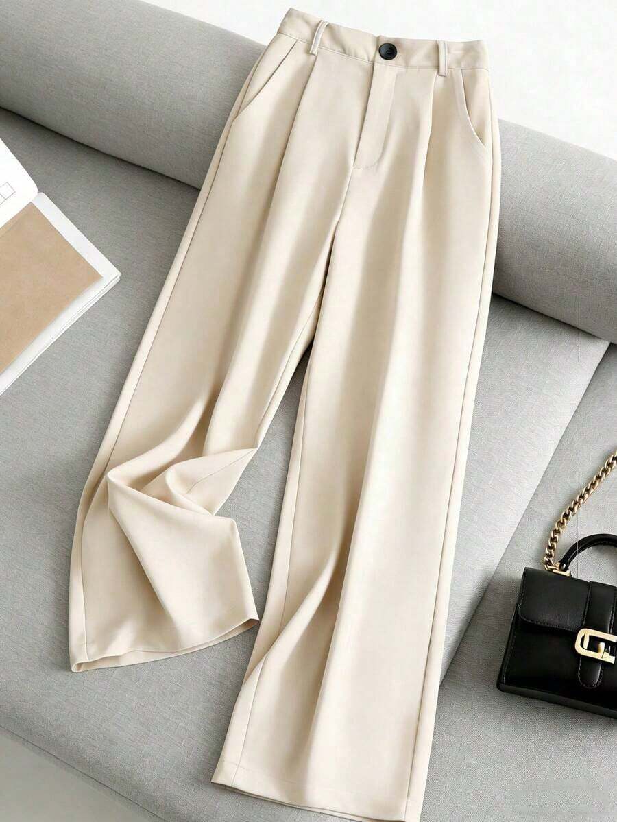 Pantalones casuales sueltos con bolsillos plisados de unicolor para mujer - Albaricoque - Ver 1
