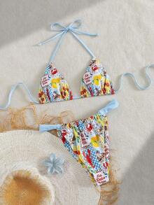 Swim Mod Conjunto de bikini de dos piezas con estampado de frutas y verduras en todo el diseño, con escote halter y lazos, para vacaciones de verano - Multicolor 6 - Ver 4