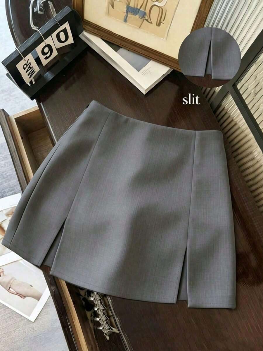 Falda casual versátil de cintura baja con abertura, falda gris, falda A-line de doble capa con bajo con abertura, falda casual de mujer, mini falda, falda corta ajustada de cintura alta con abertura, falda casual versátil para uso diario, r - Gris - Ver 1