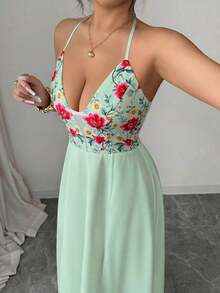 Vestido largo con abertura, escote en V, estampado floral, espalda elástica, diseño elegante y casual para uso diario, vacaciones y días festivos - Verde - Ver 6