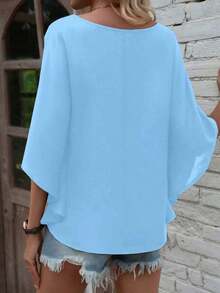 Camisa de manga de murciélago de unicolor casual, verano - Celeste - Ver 2